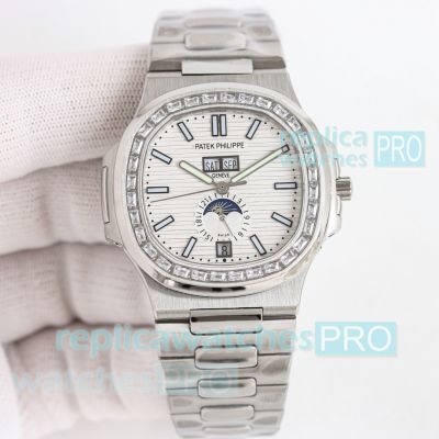 TWF 1-1 Swiss Replica Patek Philippe Nautilus 5726 Diamond White Face Calendar Steel Watch 